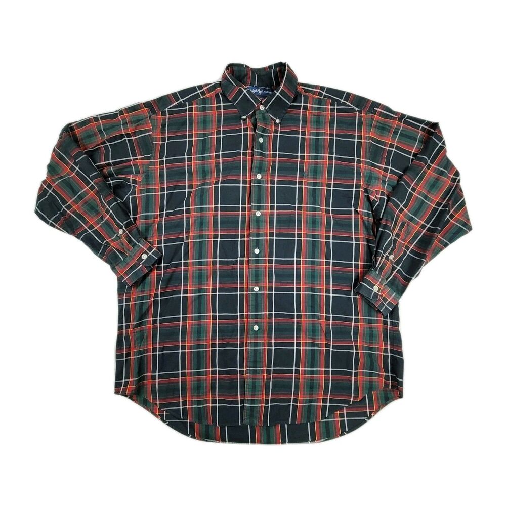 Ralph Lauren Shirt Mens L Red Green Tartan Plaid Blake Flannel Button Pony Logo